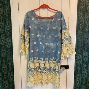 Blue Dress with White Lace Detailing